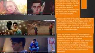 The fact that these shots are
close up, accentuates the fact
that the two people in them
are very close and the
audience can understand that
the implication is that they
are a romantic couple.
These wide shots of couples shows the classic
‘guy approaching girl’ stereotype where the
two people in the shot are making eye
contact (they have matching eye line focus). It
can be inferred that they are looking at each
other as potential couples.
Here are various shots of the protagonist
before he gets the girl. Both shots allow the
audience to view his non verbal
communication. The close up shot shows his
facial expression as negative, whilst the
wider shot shows his body language as
closed and small (he’s crouched on the floor)
which further connotes unhappiness or
negativity.
 