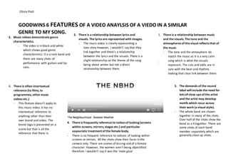 Olivia Platt
4. There is frequently reference to notionof looking(screens
within screens, mirrors, stages etc.) and particular
voyeuristic treatment of the female body.
- There is no frequent reference to notions of looking within
screens or mirrors. All the shots show their faces in the
camera only. There are scenes of kissing and of a female
character. However, the women aren’t being objectified
therefore I wouldn’t say it was the ‘male gaze’
GOODWINS 6 FEATURES OF A VIDEO ANAYLSIS OF A VIEDO IN A SIMILAR
GENRE TO MY SONG.
3. Music videos demonstrate genre
characteristics.
- The video is in black and white
which shows good genre
characteristics. It is a rock band and
there are many shots of
performance with guitars and lip-
sync.
2. There is a relationship between lyrics and
visuals. The lyrics are represented with images.
- The music video is clearly representing a
love story however, I wouldn’t say that they
link together and there’s a relationship
between the lyrics and the visuals. There is a
slight relationship on the theme of the song
being about winter but not a direct
relationship between them.
1. There is a relationship between music
and the visuals. The tone and the
atmospheres of the visual reflects that of
the music.
- The tone and the atmosphere do
match the music as it is a very calm
song which is what the visuals
represent. The cuts and edits are in
sync with the beat and rhythms
making that clear link between them.
5. The demands of the record
label will include the need for
lots of close ups of the artist
and the artist may develop
motifs which recur across
their work (a visual style).
- The whole band are shown
together in many of the shots.
Over half of the shots show the
band as a 4 together. There are
some shots of each band
member separately which are
generally close up shots.
6. There is often intertextual
reference (to films, tv
programmes, other music
videos etc.)
- This feature doesn’t apply to
this music video. It has no
intertextual reference to
anything other than their
own brand and video. The
brand logo is presented on a
scene but that is all the
reference that there is.
 