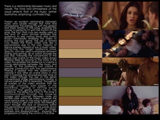 There is a relationship between music and
visuals. The tone and atmosphere of the
visual reflects that of the music. (either
illustrative, amplifying, contradicting).
	
There's an evident relationship between
music and visuals through the tone and
atmosphere. The editing fits with the upbeat
and lively tempo of the song, enabling the
visuals to perfectly fit with the rhythm of the
song. The fact that cuts are usually used at
the end of each phrase enables the
audience to see various shots and outfits
shown individually enabling the video to
portray the pop genre. The use of limited
cuts makes the music video look like a
performance due to the vast majority of
dance scenes, instead of say a music video,
attracting the target audience more.
Specific cuts are used to empasise different
styling and setting, all of which include the
pop star, following the conventions of the
genre. Ever scene of the music video shows
Madison Beer lip syncing to the track in the
video this enables the audience to create a
strong relationship between the music and
visuals as the audience can create a
genuine connection with the performance
making it appear that the audience are
viewing it live. Mise en scene plays a vital
role in creating the atmosphere and tone of
the video through the use of the genre
conventional stage performance having a
natural palette that is repeated throughout
all scenes of the video whether that be
through clothing, wall paper in the
backdrop, lighting or setting which
connotes the genre perfectly to the
audience. The seductive tone to the song is
communicated through the close-up
images and contrast between male ad
female roles within the video, however the
more serious side to the song is about a girl
who’s trying to ‘get over’ boys, this feeling is
sown through the lack of emotions within
the performance alongside the words which
portray lots of emotions such as anger,
sadness and disappointment , showing the
progression of being the victim of this love.
 