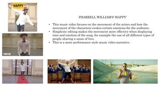 PHARRELL WILLIAM’S ‘HAPPY’
• This music video focuses on the movement of the actors and how the
movement of the characters evokes certain emotions for the audience.
• Simplicity editing makes the movement more effective when displaying
tone and emotion of the song, for example the use of all different types of
people sharing a sense of love.
• This is a more performance style music video narrative.
 