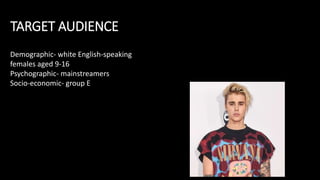 TARGET AUDIENCE
Demographic- white English-speaking
females aged 9-16
Psychographic- mainstreamers
Socio-economic- group E
 