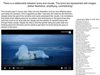 There is a relationship between lyrics and visuals. The lyrics are represented with images.
(either illustrative, amplifying, contradicting)
Vance joy’s “Mess is mine” lyrics:
Talking like we used to do
It was always me and you
Shaping up and shipping out
Check me in and check me out
Do you like walking in the rain?
When you think of love, do you think of pain?
You can tell me what you see
I will choose what I believe
Hold on, darling
This body is yours,
This body is yours and mine
Well hold on, my darling
This mess was yours,
Now your mess is mine
Your mess is mine
See you in the marketplace
Walking 'round at 8am
Got 2 hours before my flight
Luck be on my side tonight
You're the reason that I feel so strong
The reason that I'm hanging on
You know you gave me all the time
Oh, did I give enough of mine?
Hold on, darling
This body is yours,
This body is yours and mine
Well hold on, my darling
This mess was yours,
Now your mess is mine
Bring me to your house
Tell me sorry for the mess
Hey, I don't mind
You're talking in your sleep
Out of time
Well, you still make sense to me
Your mess is mine
Your mess is mine
This body's yours and this body's mine
Your mess is mine
The visuals used in Vance Joys video are very illustrative and are very effective when
promoting the narrative. This is apparent as after i had seen the video for the first time i
already knew the gist of the narrative and could understand the visuals. I do not believe
that these lyrics (talking about an ex partner and reminiscing on the good times they
had) has much to do at all with the visuals and the relation to narrative being told
through these visuals. Maybe the idea is that the partner being the polar bear and
thinking about his old home and he wants to get back his home being the guys ex
partner in the lyrics.
 