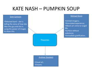 KATE NASH – PUMPKIN SOUP
       Sven Carlsson                                       Michael Shore

•Televised bard – she is                             •Clichéd imagery ,
telling the story of how she                         •Stimulated experience,
likes this guy and she is                            •Album art come to turgid
using the power of images                            life,
to show this.                                        •Surface without
                                                     substance,
                                                     •Immediate gratification.

                                       Theorists




                                    Andrew Goodwin

                               •Visual art,
                               •Dreams.
 