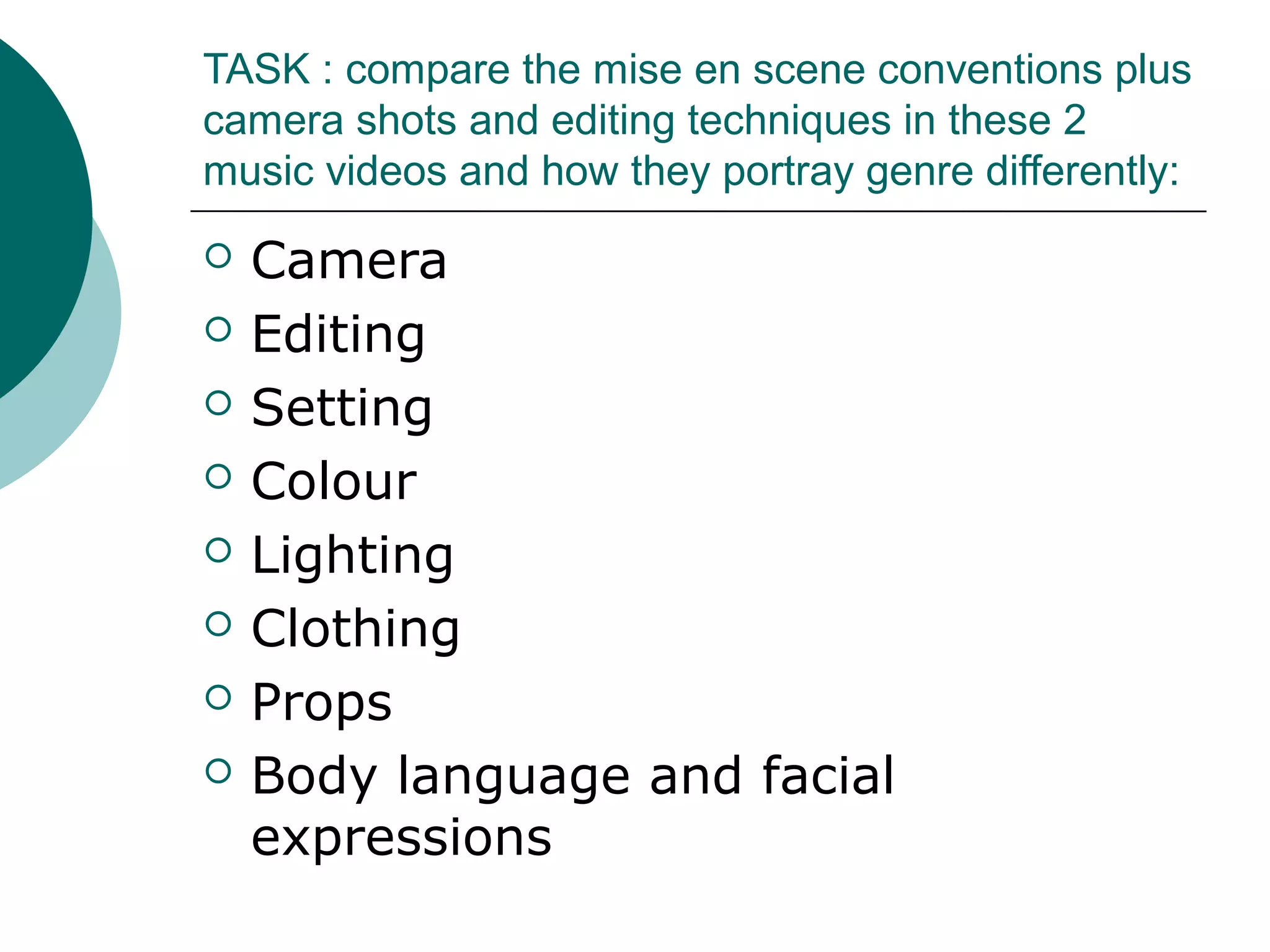 TASK : compare the mise en scene conventions plus
camera shots and editing techniques in these 2
music videos and how they portray genre differently:
 Camera
 Editing
 Setting
 Colour
 Lighting
 Clothing
 Props
 Body language and facial
expressions
 