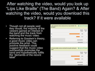 After watching the video, would you look up “Lips Like Braille” (The Band) Again? & After watching the video, would you download this track? If it were available Though not all people said they would, the majority of the viewers gained an interest in the band and the track from watching the music video. Referring to Goodwin’s theory, a good music video can promote the artist. This positive feedback could suggest that the music video successfully promotes the band and hypothetically fulfils the “demands of the record label” 