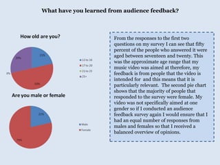 What have you learned from audience feedback?From the responses to the first two questions on my survey I can see that fifty percent of the people who answered it were aged between seventeen and twenty. This was the approximate age range that my music video was aimed at therefore, my feedback is from people that the video is intended for  and this means that it is particularly relevant.  The second pie chart shows that the majority of people that responded to the survey were female. My video was not specifically aimed at one gender so if I conducted an audience feedback survey again I would ensure that I had an equal number of responses from males and females so that I received a balanced overview of opinions. 