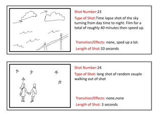 Shot Number:23
Type of Shot:Time lapse shot of the sky
turning from day time to night. Film for a
total of roughly 40 minutes then speed up.


Transition/Effects: none, sped up a lot.
Length of Shot:10 seconds



Shot Number:24
Type of Shot: long shot of random couple
walking out of shot



Transition/Effects: none,none
Length of Shot: 3 seconds
 