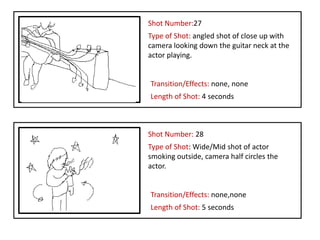 Shot Number:27
Type of Shot: angled shot of close up with
camera looking down the guitar neck at the
actor playing.


Transition/Effects: none, none
Length of Shot: 4 seconds



Shot Number: 28
Type of Shot: Wide/Mid shot of actor
smoking outside, camera half circles the
actor.


Transition/Effects: none,none
Length of Shot: 5 seconds
 