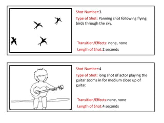 Shot Number:3
Type of Shot: Panning shot following flying
birds through the sky.



Transition/Effects: none, none
Length of Shot:2 seconds



Shot Number:4
Type of Shot: long shot of actor playing the
guitar zooms in for medium close up of
guitar.


Transition/Effects:none, none
Length of Shot:4 seconds
 