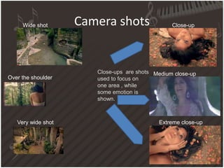 Camera shotsWide shot
Extreme close-upVery wide shot
Close-up
Medium close-up
Over the shoulder
Close-ups are shots
used to focus on
one area , while
some emotion is
shown.
 