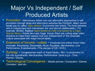Major Vs Independent / Self
             Produced Artists
   Promotion - Mainstream Artists now use alternative approaches to self
    promotion through blogs and alternative websites like Pitchfork. Major record
    labels pay so called ‘taste makers’ to promote new artists. The lines between
    who is independent and mainstream are now blurred (deliberately.) For
    example ‘Skrillex’ BigBeat (label started as indie now owned by a major -
    Warner Music.) Artists like Lady Gaga, Kanye West use cutting edge video
    directors to make them appear cool and ‘independent of’ the corporate
    culture associated with major record labels.
   Extension of Income / outlets -         broadcast and online music video
    channels. Advertising. Downloads. Music Royalties. Merchandise. Live
    Performance. Endorsements. (The demise of CD / DVD.)
   Synergy -      Conglomerate reach of major labels – film / tv production i.e.
    link into soundtracks. Merchandise. Performance. Good e.g’s - Time
    Warner / Disney.
   Technological Convergence - Mobile phones / Computers / Games
    Consoles / ipad etc.
 
