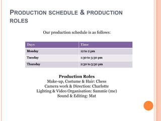 PRODUCTION SCHEDULE & PRODUCTION
ROLES

           Our production schedule is as follows:




                    Production Roles
              Make-up, Costume & Hair: Chess
            Camera work & Direction: Charlotte
        Lighting & Video Organisation: Sammie (me)
                   Sound & Editing: Mat
 