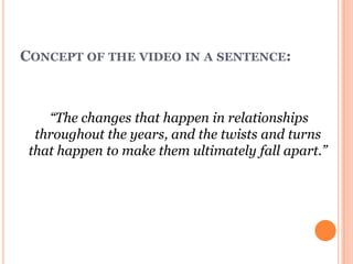 CONCEPT OF THE VIDEO IN A SENTENCE:



    “The changes that happen in relationships
  throughout the years, and the twists and turns
 that happen to make them ultimately fall apart.”
 