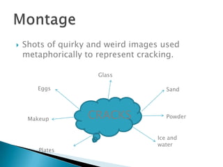    Shots of quirky and weird images used
    metaphorically to represent cracking.

                     Glass

       Eggs                           Sand




     Makeup        CRACKS             Powder


                                   Ice and
                                   water
        Plates
 