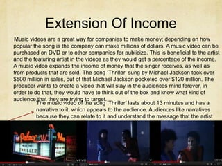 Extension Of Income
Music videos are a great way for companies to make money; depending on how
popular the song is the company can make millions of dollars. A music video can be
purchased on DVD or to other companies for publicize. This is beneficial to the artist
and the featuring artist in the videos as they would get a percentage of the income.
A music video expands the income of money that the singer receives, as well as
from products that are sold. The song ‘Thriller’ sung by Michael Jackson took over
$500 million in sales, out of that Michael Jackson pocketed over $120 million. The
producer wants to create a video that will stay in the audiences mind forever, in
order to do that, they would have to think out of the box and know what kind of
audience that they are trying to target.
          The music video of the song ‘Thriller’ lasts about 13 minutes and has a
          narrative to it, which appeals to the audience. Audiences like narratives
          because they can relate to it and understand the message that the artist
          is giving out.
 