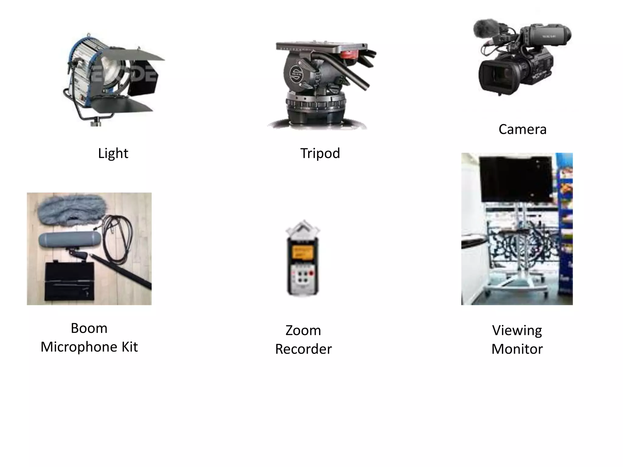 Light Tripod
Camera
Boom
Microphone Kit
Viewing
Monitor
Zoom
Recorder