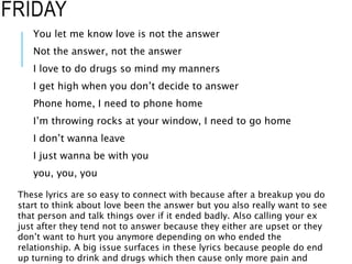 FRIDAY
You let me know love is not the answer
Not the answer, not the answer
I love to do drugs so mind my manners
I get high when you don’t decide to answer
Phone home, I need to phone home
I’m throwing rocks at your window, I need to go home
I don’t wanna leave
I just wanna be with you
you, you, you
These lyrics are so easy to connect with because after a breakup you do
start to think about love been the answer but you also really want to see
that person and talk things over if it ended badly. Also calling your ex
just after they tend not to answer because they either are upset or they
don’t want to hurt you anymore depending on who ended the
relationship. A big issue surfaces in these lyrics because people do end
up turning to drink and drugs which then cause only more pain and
 