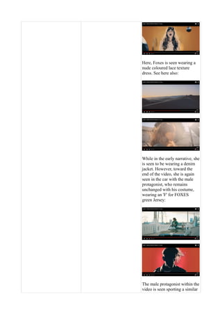 Here, Foxes is seen wearing a
nude coloured lace texture
dress. See here also:
While in the early narrative, she
is seen to be wearing a denim
jacket. However, toward the
end of the video, she is again
seen in the car with the male
protagonist, who remains
unchanged with his costume,
wearing an 'F' for FOXES
green Jersey:
The male protagonist within the
video is seen sporting a similar
 