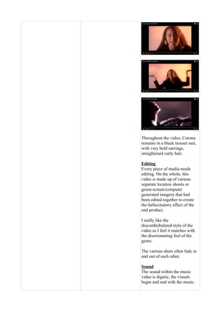 Throughout the video, Corona
remains in a black trouser suit,
with very bold earrings,
straightened curly hair.
Editing
Every piece of media needs
editing. On the whole, this
video is made up of various
separate location shoots or
green-screen/computer
generated imagery that had
been edited together to create
the hallucinatory effect of the
end product.
I really like the
discombobulated style of the
video as I feel it matches with
the disorientating feel of the
genre.
The various shots often fade in
and out of each other.
Sound
The sound within the music
video is digetic, the visuals
begin and end with the music.
 