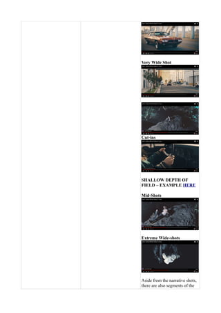 Very Wide Shot
Cut-ins
SHALLOW DEPTH OF
FIELD – EXAMPLE HERE
Mid-Shots
Extreme Wide-shots
Aside from the narrative shots,
there are also segments of the
 