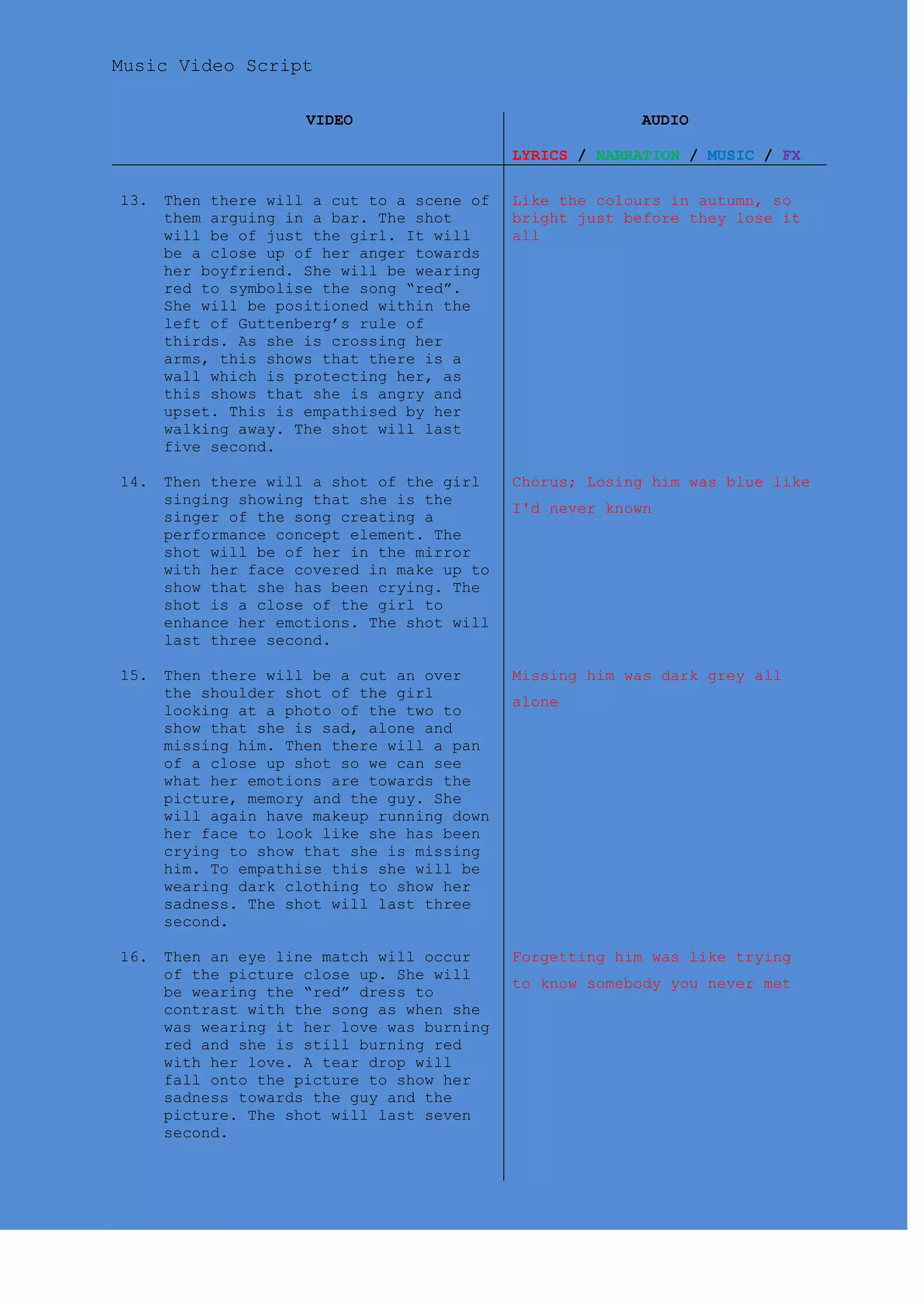 Music Video Script
VIDEO AUDIO
LYRICS / NARRATION / MUSIC / FX
13. Then there will a cut to a scene of
them arguing in a bar. The shot
will be of just the girl. It will
be a close up of her anger towards
her boyfriend. She will be wearing
red to symbolise the song “red”.
She will be positioned within the
left of Guttenberg’s rule of
thirds. As she is crossing her
arms, this shows that there is a
wall which is protecting her, as
this shows that she is angry and
upset. This is empathised by her
walking away. The shot will last
five second.
Like the colours in autumn, so
bright just before they lose it
all
14. Then there will a shot of the girl
singing showing that she is the
singer of the song creating a
performance concept element. The
shot will be of her in the mirror
with her face covered in make up to
show that she has been crying. The
shot is a close of the girl to
enhance her emotions. The shot will
last three second.
Chorus; Losing him was blue like
I'd never known
15. Then there will be a cut an over
the shoulder shot of the girl
looking at a photo of the two to
show that she is sad, alone and
missing him. Then there will a pan
of a close up shot so we can see
what her emotions are towards the
picture, memory and the guy. She
will again have makeup running down
her face to look like she has been
crying to show that she is missing
him. To empathise this she will be
wearing dark clothing to show her
sadness. The shot will last three
second.
Missing him was dark grey all
alone
16. Then an eye line match will occur
of the picture close up. She will
be wearing the “red” dress to
contrast with the song as when she
was wearing it her love was burning
red and she is still burning red
with her love. A tear drop will
fall onto the picture to show her
sadness towards the guy and the
picture. The shot will last seven
second.
Forgetting him was like trying
to know somebody you never met
 