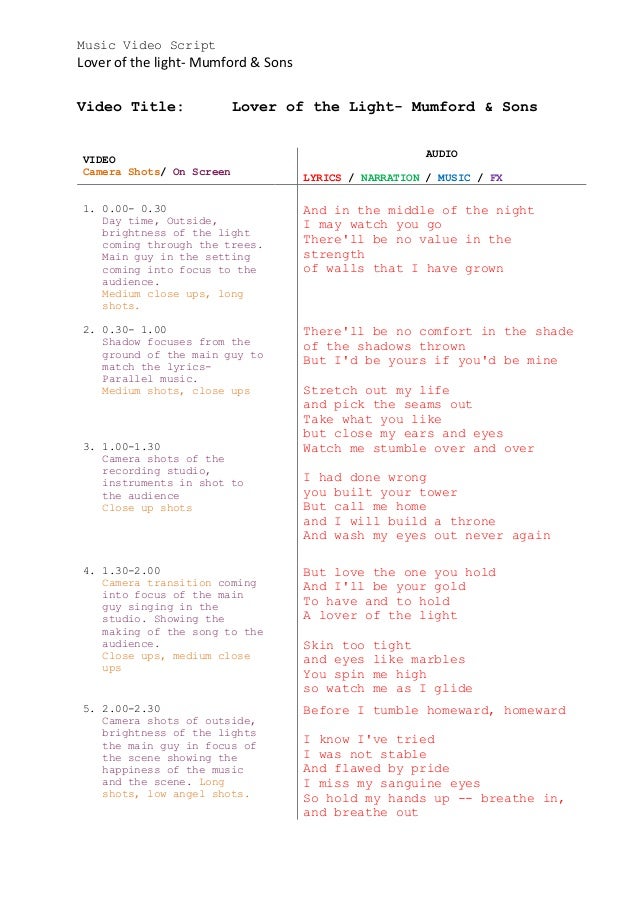 Lyric shot at the night lyrics : Music video script lover of the light