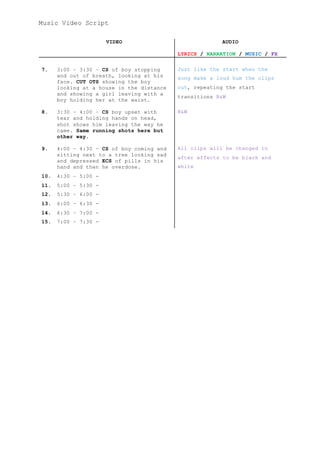 Music Video Script
VIDEO AUDIO
LYRICS / NARRATION / MUSIC / FX
7. 3:00 – 3:30 – CS of boy stopping
and out of breath, looking at his
face. CUT OTS showing the boy
looking at a house in the distance
and showing a girl leaving with a
boy holding her at the waist.
Just like the start when the
song make a loud hum the clips
cut, repeating the start
transitions B&W
8. 3:30 – 4:00 – CS boy upset with
tear and holding hands on head,
shot shows him leaving the way he
came. Same running shots here but
other way.
B&W
9. 4:00 – 4:30 – CS of boy coming and
sitting next to a tree looking sad
and depressed ECS of pills in his
hand and then he overdose.
All clips will be changed in
after effects to be black and
white
10. 4:30 – 5:00 -
11. 5:00 – 5:30 -
12. 5:30 – 6:00 -
13. 6:00 – 6:30 -
14. 6:30 – 7:00 -
15. 7:00 – 7:30 -
 