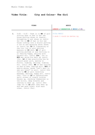 Music Video Script
Video Title: City and Colour- The Girl
VIDEO AUDIO
LYRICS / NARRATION / MUSIC / FX
1. 0:00 – 0:30 – Fade in to MS of girl
sitting down on bed in her own
house putting shoes on (heels).
Struggling to put shoes on (until
6s) Cut to MS of man in his own
house looking into a mirror putting
a tie on and spraying after shave
on (until 9s) CU of tightening of
the tie. Cut to girl putting
mascara on CU shot. MS of girl
putting perfume on and twirling in
it feeling happy, smiling with
herself etc. (until 13s). Cut to
ECU man doing his belt up (until
15s). LS of man practicing how he
should greet girl, waving in
mirror, sighing, smiling, sighing
etc. (until 18s). MS of man sitting
on end of bed, texting girl. ECU of
mobile phone, sends “can’t wait to
see you later” to girl. (until 22s)
Cuts to MS of girl receiving
message, smiling, happy etc. (until
24s). Cuts to LS in synchronized
split screen of couple locking
houses up, checking themselves in
the mirror, deep breaths and
leaving to meet up. (until 28s)
Jump cut to LS when they meet up
and see each other, kiss each
other. (Until 30s).
0-25s MUSIC
I wish I could do better by
 