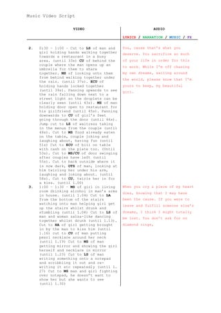 Music Video Script
VIDEO AUDIO
LYRICS / NARRATION / MUSIC / FX
2. 0:30 – 1:00 – Cut to LS of man and
girl holding hands walking together
towards a restaurant in a busy
area. (until 33s) CU of behind the
couple where the man opens up an
umbrella for them to share
together. MS of looking onto them
from behind walking together under
the rain. (until 37s). ECU of
holding hands locked together
(until 39s). Panning upwards to see
the rain falling down next to a
street light so the droplets can be
clearly seen (until 43s). MS of man
holding door open to restaurant for
his girlfriend (until 45s). Panning
downwards to CU of girl’s feet
going through the door (until 46s).
Jump cut to LS of waitress taking
in the menus from the couple (until
48s). Cut to MS food already eaten
on the table, couple joking and
laughing about, having fun (until
51s) Cut to ECU of bill on table
with cash on the plate too. (Until
53s). Cut to MS/CU of door swinging
after couples have left (until
55s). Cut to back outside where it
is now dark, OTS of man, looking at
him twirling her under his arm,
laughing and joking about. (until
58s). Cut to CU, twirls her in for
a kiss. (until 1.00)
You, cause that’s what you
deserve. You sacrifice so much
of your life in order for this
to work. While I’m off chasing
my own dreams, sailing around
the world, please know that I’m
yours to keep, my beautiful
girl.
3. 1:00 – 1:30 – MS of girl in living
room drinking alcohol in man’s arms
in house. (until 1.04) Cut to LA
from the bottom of the stairs
watching onto man helping girl get
up the stairs whilst drunk and
stumbling (until 1.08) Cut to LS of
man and woman salsa-like dancing
together whilst drunk (until 1.13).
Cut to HA of girl getting brought
in by the man to kiss him (until
1.16) cut to CU of man putting
pearl necklace around her neck
(until 1.19) Cut to MS of man
getting mirror and showing the girl
herself and necklace in mirror
(until 1.23) Cut to LS of man
writing something onto a notepad
and scribbling it out and re-
writing it etc repeatedly (until 1.
27) Cut to MS man and girl fighting
over notepad, he doesn’t want to
show her but she wants to see
(until 1.30)
When you cry a piece of my heart
dies, knowing that I may have
been the cause. If you were to
leave and fulfill someone else’s
dreams, I think I might totally
be lost. You don’t ask for no
diamond rings,
 