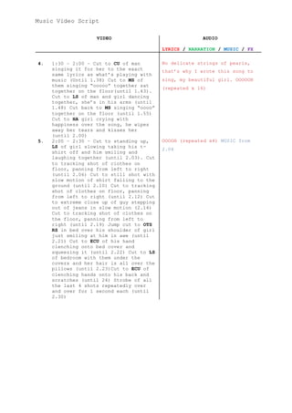 Music Video Script
VIDEO AUDIO
LYRICS / NARRATION / MUSIC / FX
4. 1:30 – 2:00 – Cut to CU of man
singing it for her to the exact
same lyrics as what’s playing with
music (Until 1.38) Cut to MS of
them singing “ooooo” together sat
together on the floor(until 1.43).
Cut to LS of man and girl dancing
together, she’s in his arms (until
1.48) Cut back to MS singing “oooo”
together on the floor (until 1.55)
Cut to HA girl crying with
happiness over the song, he wipes
away her tears and kisses her
(until 2.00)
No delicate strings of pearls,
that’s why I wrote this song to
sing, my beautiful girl. OOOOOH
(repeated x 16)
5. 2:00 – 2:30 – Cut to standing up,
LS of girl slowing taking his t-
shirt off and him smiling and
laughing together (until 2.03). Cut
to tracking shot of clothes on
floor, panning from left to right
(until 2.06) Cut to still shot with
slow motion of shirt falling to the
ground (until 2.10) Cut to tracking
shot of clothes on floor, panning
from left to right (until 2.12) Cut
to extreme close up of guy stepping
out of jeans in slow motion (2.14)
Cut to tracking shot of clothes on
the floor, panning from left to
right (until 2.19) Jump cut to OTS
RS in bed over his shoulder of girl
just smiling at him in awe (until
2.21) Cut to ECU of his hand
clenching onto bed cover and
squeezing it (until 2.22) Cut to LS
of bedroom with them under the
covers and her hair is all over the
pillows (until 2.23)Cut to ECU of
clenching hands onto his back and
scratches (until 24) Strobe of all
the last 4 shots repeatedly over
and over for 1 second each (until
2.30)
OOOOH (repeated x4) MUSIC from
2.04
 