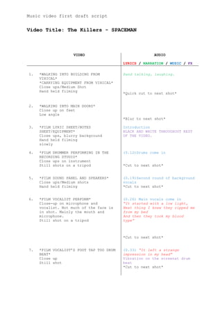Music video first draft script


Video Title: The Killers - SPACEMAN



                    VIDEO                              AUDIO

                                          LYRICS / NARRATION / MUSIC / FX

1.   *WALKING INTO BUILDING FROM          Band talking, laughing.
     VIHICAL*
     *CARRYING EQUIPMENT FROM VIHICAL*
     Close ups/Medium Shot
     Hand held filming
                                          *Quick cut to next shot*


2.   *WALKING INTO MAIN DOORS*
     Close up on feet
     Low angle
                                          *Blur to next shot*

3.   *FILM LYRIC SHEET/NOTES              Introduction
     SHEET/EQUIPMENT*                     BLACK AND WHITE THROUGHOUT REST
     Close ups, blurry background         OF THE VIDEO.
     Hand held filming
     slowly

4.   *FILM DRUMMER PERFORMING IN THE      (0.12)Drums come in
     RECORDING STUDIO*
     Close ups on instrument
     Still shots on a tripod              *Cut to next shot*


5.   *FILM SOUND PANEL AND SPEAKERS*      (0.19)Second round of background
     Close ups/Medium shots               vocals
     Hand held filming                    *Cut to next shot*


6.   *FILM VOCALIST PERFORM*              (0.26) Main vocals come in
     Close-up on microphone and           “It started with a low light,
     vocalist. Not much of the face is    Next thing I knew they ripped me
     in shot. Mainly the mouth and        from my bed
     microphone.                          And then they took my blood
     Still shot on a tripod               type”



                                          *Cut to next shot*


7.   *FILM VOCALIST’S FOOT TAP TOO DRUM   (0.33) “It left a strange
     BEAT*                                impression in my head”
     Close up                             Vibration on the screenat drum
     Still shot                           beat
                                          *Cut to next shot*
 