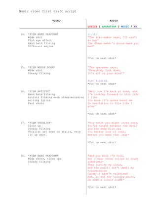 Music video first draft script

                     VIDEO                               AUDIO

                                            LYRICS / NARRATION / MUSIC / FX

14.   *FILM BAND PERFORM*                   (1.16)
      Wide shot                             “The star maker says, „It ain't
      Fish eye effect                       so bad‟
      Hand held filming                     The dream maker's gonna make you
      Different angles                      mad”



                                            *Cut to next shot*


15.   *FILM WHOLE ROOM*                     “The spaceman says,
      Wide shot                             „Everybody look down,
      Steady filming                        It's all in your mind‟“

                                            Fast forward.
                                            *Cut to next shot*

16.   *FILM ARTISTS”                        “Well now I'm back at home, and
      Hand held filming                     I'm looking forward to this life
      Artists filming each otherrecording   I live
      writing lyrics.                       You know it‟s gonna haunt me
      Fast shots                            So hesitation to this life I
                                            give”

                                            *Cut to next shot*


17.   *FILM VOCALIST*                       “You think you might cross over,
      Close up                              You're caught between the devil
      Steady filming                        and the deep blue sea
      Vocalist sat down on stairs, very     You better look it over,
      lit up shot.                          Before you make that leap”

                                            *Cut to next shot*




18.   *FILM BAND PERFORM*                   “And you know I'm fine,
      Wide shots, close ups                 But I hear those voices at night
      Steady filming                        sometimes-
                                            They justify my claim,
                                            And the public don't dwell my
                                            transmission
                                            Cause it wasn't televised
                                            But, it was the turning point,
                                            Oh what a lonely night”

                                            *Cut to next shot*
 
