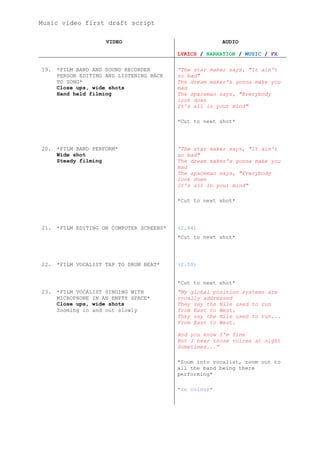 Music video first draft script

                     VIDEO                               AUDIO

                                           LYRICS / NARRATION / MUSIC / FX

19.   *FILM BAND AND SOUND RECORDER        “The star maker says, "It ain't
      PERSON EDITING AND LISTENING BACK    so bad"
      TO SONG*                             The dream maker's gonna make you
      Close ups, wide shots                mad
      Hand held filming                    The spaceman says, "Everybody
                                           look down
                                           It's all in your mind"

                                           *Cut to next shot*




20.   *FILM BAND PERFORM*                  “The star maker says, "It ain't
      Wide shot                            so bad"
      Steady filming                       The dream maker's gonna make you
                                           mad
                                           The spaceman says, "Everybody
                                           look down
                                           It's all in your mind"

                                           *Cut to next shot*




21.   *FILM EDITING ON COMPUTER SCREENS*   (2.44)
                                           *Cut to next shot*




22.   *FILM VOCALIST TAP TO DRUM BEAT*     (2.50)


                                           *Cut to next shot*
23.   *FILM VOCALIST SINGING WITH          “My global position systems are
      MICROPHONE IN AN EMPTY SPACE*        vocally addressed
      Close ups, wide shots                They say the Nile used to run
      Zooming in and out slowly            from East to West,
                                           They say the Nile used to run...
                                           From East to West.

                                           And you know I'm fine
                                           But I hear those voices at night
                                           Sometimes...”

                                           *Zoom into vocalist, zoom out to
                                           all the band being there
                                           performing*

                                           *In colour*
 