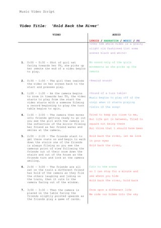 Music Video Script
Video Title: ‘Hold Back the River’
VIDEO AUDIO
LYRICS / NARRATION / MUSIC / FX
<Over the whole video is a grainy
slight old fashioned tint some
scenes black and white>
1. 0:00 – 0:30 – Shot of girl sat
facing towards her TV, she picks up
her remote the end of a video begins
to play.
No sound only of the girls
movements as she picks up the
remote
2. 0:30 – 1:00 – The girl then rewinds
the video on her screen back to the
start and presses play.
<Rewind sound>
3. 1:00 – 1:30 – As the camera begins
to zoom in towards her TV, the video
starts to play from the start the
video starts with a someone filming
a record beginning to play the turn
table begins to spin.
<Sound of a turn table>
Music begins to play off of the
vinyl when it starts playing
<intro of the song>
4. 1:30 – 2:00 – The camera then moves
onto friends getting ready to go out
you see the girl with the camera in
the reflection of the mirror filming
her friend as her friend waves and
smiles at the camera.
I must be tough, I must be
behave, I must keep fighting, I
want to keep us compromising,
open your arms and pray To the
truth that your denying, give
into the truth, to the sense that
you’ve been hiding
5. 2:00 – 2:30 – The friends start to
get there coats on and begin to walk
down the stairs one of the friends
is always filming so you see the
cameras point of view following the
friends out of their zoom down the
stairs and out of the house as the
friends turn and look at the camera
smiling.
where are you taking me? I can’t
be blamed, I want you to want me
again Is it desire, or is it love
that im feeling for you, I want
desire, cause your love only gets
me abused
6. 2:30 – 3:00 – The friends are all
sat on the train a different friend
has hold of the camera as they film
the others laughing and joking on
the train, then it cuts to the
camera facing out of the window.
Cuts to new scene
give me that rush, I want to show
you what you’ve been missing, am
I enough? To keep your other
lovers hidden
 
