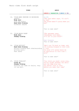 Music video first draft script

                     VIDEO                               AUDIO

                                            LYRICS / NARRATION / MUSIC / FX

14.   *FILM BAND PERFORM IN RECORDING       (1.16)
      STUDIO*                               “The star maker says, „It ain't
      Wide shot                             so bad‟
      Fish eye effect                       The dream maker's gonna make you
      Hand held filming                     mad”
      Different angles


                                            *Cut to next shot*


15.   *FILM WHOLE ROOM*                     “The spaceman says,
      Wide shot                             „Everybody look down,
      Steady filming                        It's all in your mind‟“

                                            Fast forward.
                                            *Cut to next shot*

16.   *FILM ARTISTS”                        “Well now I'm back at home, and
      Hand held filming                     I'm looking forward to this life
      Artists filming each otherrecording   I live
      writing lyric.                        You know it‟s gonna haunt me
      Fast shots                            So hesitation to this life I
                                            give”

                                            *Cut to next shot*


17.   *FILM VOCALIST*                       “You think you might cross over,
      Close up                              You're caught between the devil
      Steady filming                        and the deep blue sea
      Vocalist sat down on stairs, very     You better look it over,
      lit up shot.                          Before you make that leap”

                                            *Cut to next shot*
 