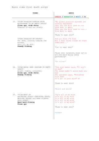 Music video first draft script

                     VIDEO                              AUDIO

                                          LYRICS / NARRATION / MUSIC / FX

23.   *FILM VOCALIST SINGING WITH         “My global position systems are
      MICROPHONE IN AN EMPTY SPACE*       vocally addressed
      Close ups, wide shots               They say the Nile used to run
      Zooming in and out slowly           from East to West,
                                          They say the Nile used to run...
                                          From East to West.

                                          *Fade to next shot*

      *FILM VOCALIST ON STAIRS*           And you know I'm fine
      Sat down, looking towards the       But I hear those voices at night
      window.                             Sometimes...”
      Very lit up shot.
      Steady filming.
                                          *Cut to next shot*


                                          *Zoom into vocalist, zoom out to
                                          all the band being there
                                          performing*

                                          *In colour*


24.   *FILM WHOLE BAND PERFORM IN EMPTY   “The star maker says, "It ain't
      SPACE*                              so bad"
      Bright lights, colourful.           The dream maker's gonna make you
      Close ups, wide shots               mad
      Steady filming                      The spaceman says, "Everybody
                                          look down
                                          It's all in your mind" X2

                                          *Fade to next shot*


                                          *Black and white*


25.   *FILM BACK IN                       “It's all in my mind
      RECORDING STUDIO FINISHING TRACK,   It's all in my mind
      MESSING AROUND and BAND FILMING     It's all in my mind
      EACH OTHER*                         It's all in my mind
      Hand held filming                   It's all in my mind”
      Close ups
                                          *Fade to next shot*


                                          *OUTRO*
 