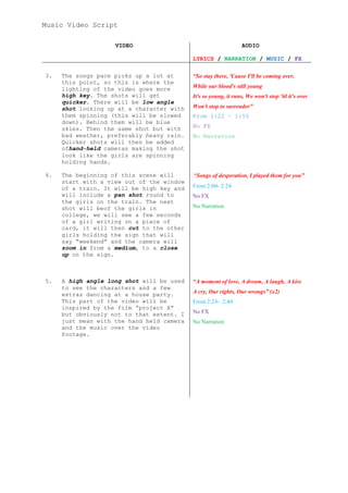 Music Video Script

                    VIDEO                                        AUDIO

                                           LYRICS / NARRATION / MUSIC / FX

3.   The songs pace picks up a lot at      “So stay there, 'Cause I'll be coming over,
     this point, so this is where the
     lighting of the video goes more       While our blood's still young
     high key. The shots will get          It's so young, it runs, We won't stop 'til it's over
     quicker. There will be low angle
     shot looking up at a character with   Won't stop to surrender”
     them spinning (this will be slowed    From 1:22 – 1:55
     down). Behind them will be blue
     skies. Then the same shot but with    No FX
     bad weather, preferably heavy rain.   No Narration
     Quicker shots will then be added
     ofhand-held cameras making the shot
     look like the girls are spinning
     holding hands.

4.   The beginning of this scene will      “Songs of desperation, I played them for you”
     start with a view out of the window
     of a train. It will be high key and   From 2:00- 2:24
     will include a pan shot round to      No FX
     the girls on the train. The next
     shot will beof the girls in           No Narration
     college, we will see a few seconds
     of a girl writing on a piece of
     card, it will then cut to the other
     girls holding the sign that will
     say “weekend” and the camera will
     zoom in from a medium, to a close
     up on the sign.



5.   A high angle long shot will be used   “A moment of love, A dream, A laugh, A kiss
     to see the characters and a few
     extras dancing at a house party.      A cry, Our rights, Our wrongs” (x2)
     This part of the video will be        From 2:24- 2:44
     inspired by the film “project X”
     but obviously not to that extent. I   No FX
     just mean with the hand held camera   No Narration
     and the music over the video
     footage.
 