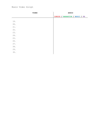 Music Video Script

                 VIDEO                AUDIO

                         LYRICS / NARRATION / MUSIC / FX

19.
20.
21.
22.
23.
24.
25.
26.
27.
28.
29.
30.
 