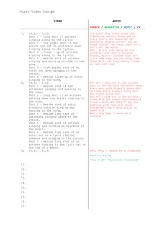 Music Video Script
VIDEO AUDIO
LYRICS / NARRATION / MUSIC / FX
7. (3.01 – 3.32)
Shot 1 – Long shot of actress
singing along to the lyrics
Shot 2 – Low angle shot of two
actors one sat on another’s knee
singing along to the lyrics.
Shot 3 – Close – up of actress
signing along to the lyrics.
Shot 4 – Medium shot of actress
singing and dancing outside to the
song.
Shot 5 – high angled shot of an
actor sat down singing to the
lyrics.
Shot 6 – medium close-up of actor
singing to the song.
I'm gonna sing those songs that
offend the censors Gonna pop my
pills from a Pez dispenser Get
washed-up singers writin' all my
songs Lipsynk 'em every night so I
don't get 'em wrong
Well, we all just wanna be big
rockstars And live in hilltop
houses, drivin' fifteen cars The
girls come easy and the drugs come
cheap We'll all stay skinny 'cause
we just won't eat
8. (3.32 – 4.01)
Shot 1 – medium shot of two
actresses singing and dancing to
the song.
Shot 2 – Long shot of an actress
walking down the stairs signing to
the song.
Shot 3 – Medium shot of actor
standing outside singing and
dancing to the song.
Shot 4 – Medium long shot of 7
actresses singing along to the
lyrics.
Shot 5 – Medium shot of actress
singing and closing an elevator to
the music.
Shot 6 – Medium long shot of an
actor sat on a table ringing
someone and singing to the lyrics.
Shot 7 – Medium long shot of an
actress singing to the lyric sat on
the top of a bench.
And we'll hang out in the coolest
bars In the VIP with the movie stars
Every good gold digger's gonna wind
up there Every Playboy bunny with
her bleach blond hair
And we'll hide out in the private
rooms With the latest dictionary of
today's who's who They'll get you
anything with that evil smile
Everybody's got a drug dealer on
speed dial
Well, hey, hey, I wanna be a
rockstar
9. (4.01 – 4.16) Hey, hey, I wanna be a rockstar
Music playing
“Yes I do” “Audience Cheering”
10.
11.
12.
13.
14.
15.
16.
17.
18.
19.
 