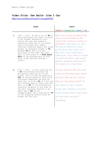 Music Video Script
Video Title: Sam Smith- Like I Can
https://www.youtube.com/watch?v=xeugznpGKPA
VIDEO AUDIO
LYRICS / NARRATION / MUSIC / FX
1. 0:00 – 0:30 – we see a lot of ES of
the place where the video is going
to be filmed; Manchester City
Centre. We also see numerous
characters featured in the video.
Such as business men/ women,
families, homeless people and young
groups of teenagers filmed in TS.
Another TS we see is of the
buildings in the area. The last
shot of this scene is a Wide Angle
Shot of the protagonists of this
music video walking through a
tunnel.
After one second of playing the
song we are welcomed by the
lyrics “he could be a sinner or
gentlemen.” The music is calm
and mellow featuring a bass
guitar which then kicks off a
beat with a foot drum and a
tambourine. This scene is filmed
in black and white. The scenes
quickly change by flashing off
the screen on to the scene.
2. 0:30 – 1:00 – In this scene we see
a TS from behind following the
protagonist walking out of the
tunnel. This is then followed by a
CUS of the protagonists face as he
discovers something, we find out
what that is from a ZS of a boy and
girl walking hand in hand, the next
shot is an ES of the protagonists
character dropping to one knee as
the main character watches on we
again see a CUS of his
disappointment and a slow motion TS
of him dropping confectionary he
bought for the girl.
In this scene we then here the
chorus of the song which starts
off with “Why are you looking
down all the wrong roads?” We
then begin to hear a faster
harder beat kicking in and the
sound of piano keys. This scene
will be black and white
throughout.
 