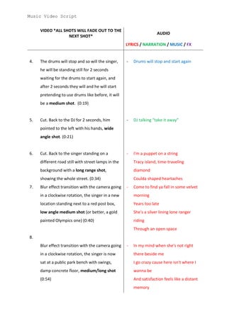 Music Video Script


     VIDEO *ALL SHOTS WILL FADE OUT TO THE
                                                                      AUDIO
                  NEXT SHOT*
                                                     LYRICS / NARRATION / MUSIC / FX


4.   The drums will stop and so will the singer,     -   Drums will stop and start again
     he will be standing still for 2 seconds
     waiting for the drums to start again, and
     after 2 seconds they will and he will start
     pretending to use drums like before, it will
     be a medium shot. (0:19)


5.   Cut. Back to the DJ for 2 seconds, him          -   DJ talking “take it away”
     pointed to the left with his hands, wide
     angle shot. (0:21)


6.   Cut. Back to the singer standing on a           -   I'm a puppet on a string
     different road still with street lamps in the       Tracy island, time-traveling
     background with a long range shot,                  diamond
     showing the whole street. (0:34)                    Coulda shaped heartaches
7.   Blur effect transition with the camera going    -   Come to find ya fall in some velvet
     in a clockwise rotation, the singer in a new        morning
     location standing next to a red post box,           Years too late
     low angle medium shot (or better, a gold            She's a silver lining lone ranger
     painted Olympics one) (0:40)                        riding
                                                         Through an open space
8.
     Blur effect transition with the camera going    -   In my mind when she's not right
     in a clockwise rotation, the singer is now          there beside me
     sat at a public park bench with swings,             I go crazy cause here isn't where I
     damp concrete floor, medium/long shot               wanna be
     (0:54)                                              And satisfaction feels like a distant
                                                         memory
 