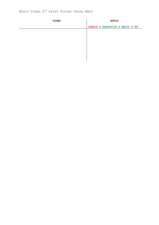 Music Video 2nd Draft Script Danny Watt

                 VIDEO                           AUDIO

                                    LYRICS / NARRATION / MUSIC / FX
 