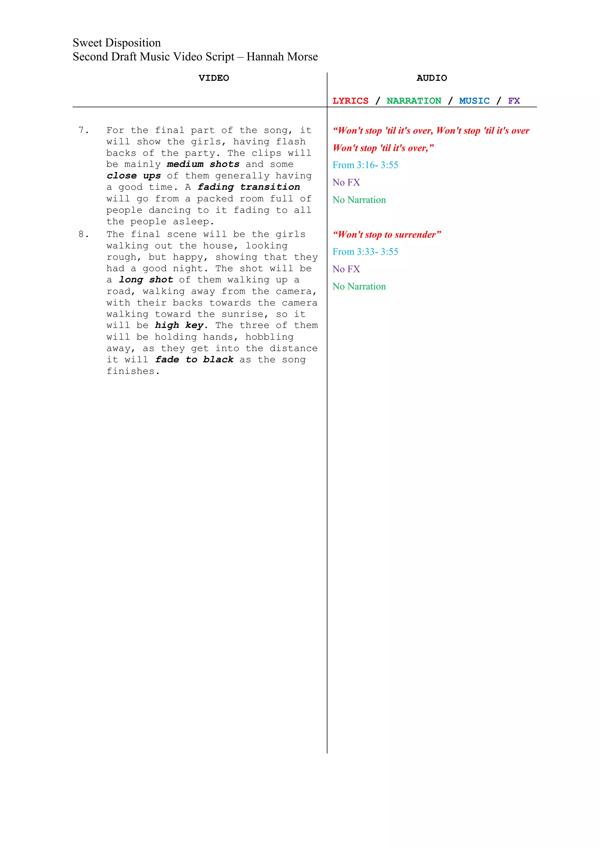 Sweet Disposition
Second Draft Music Video Script – Hannah Morse
                       VIDEO                                           AUDIO

                                                 LYRICS / NARRATION / MUSIC / FX

 7.   For the final part of the song, it         “Won't stop 'til it's over, Won't stop 'til it's over
      will show the girls, having flash
      backs of the party. The clips will         Won't stop 'til it's over,”
      be mainly medium shots and some            From 3:16- 3:55
      close ups of them generally having
      a good time. A fading transition           No FX
      will go from a packed room full of         No Narration
      people dancing to it fading to all
      the people asleep.
 8.   The final scene will be the girls          “Won't stop to surrender”
      walking out the house, looking
      rough, but happy, showing that they        From 3:33- 3:55
      had a good night. The shot will be         No FX
      a long shot of them walking up a
      road, walking away from the camera,        No Narration
      with their backs towards the camera
      walking toward the sunrise, so it
      will be high key. The three of them
      will be holding hands, hobbling
      away, as they get into the distance
      it will fade to black as the song
      finishes.
 