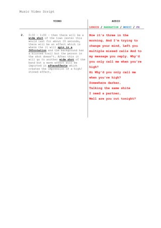 Music Video Script
VIDEO

AUDIO
LYRICS / NARRATION / MUSIC / FX

2.

0:30 – 1:00 – then there will be a
wide shot of the town center this
would last for about 10 seconds,
there will be an effect which is
where the it will spin in a
360rotation and the background has
a blurred trail but the person in
the shot doesn’t. After this it
will go to another wide shot of the
band but a wave effect will be
imported in aftereffects which
creates the impression of a high/
stoned effect.

Now it's three in the
morning, And I'm trying to
change your mind, Left you
multiple missed calls And to
my message you reply. Why'd
you only call me when you're
high?
Hi Why'd you only call me
when you're high?
Somewhere darker,
Talking the same shite
I need a partner,
Well are you out tonight?

 