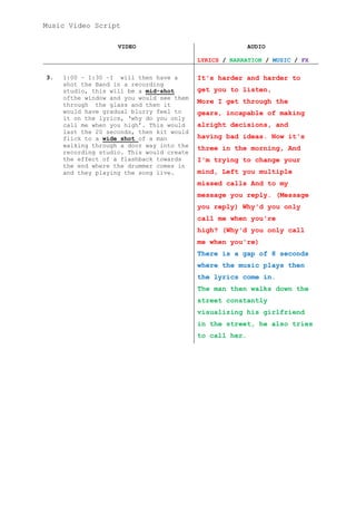 Music Video Script
VIDEO

AUDIO
LYRICS / NARRATION / MUSIC / FX

3.

1:00 – 1:30 –I will then have a
shot the Band in a recording
studio, this will be a mid-shot
ofthe window and you would see them
through the glass and then it
would have gradual blurry feel to
it on the lyrics, ‘why do you only
call me when you high’. This would
last the 20 seconds, then kit would
flick to a wide shot of a man
walking through a door way into the
recording studio. This would create
the effect of a flashback towards
the end where the drummer comes in
and they playing the song live.

It's harder and harder to
get you to listen,
More I get through the
gears, incapable of making
alright decisions, and
having bad ideas. Now it's
three in the morning, And
I'm trying to change your
mind, Left you multiple
missed calls And to my
message you reply. (Message
you reply) Why'd you only
call me when you're
high? (Why'd you only call
me when you're)
There is a gap of 8 seconds
where the music plays then
the lyrics come in.
The man then walks down the
street constantly
visualizing his girlfriend
in the street, he also tries
to call her.

 
