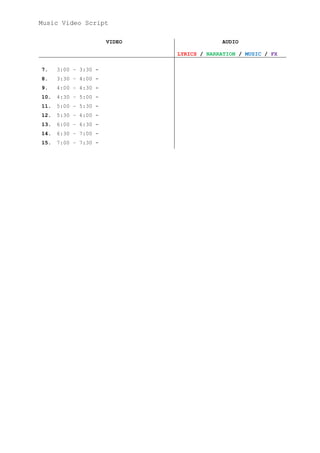 Music Video Script
VIDEO

AUDIO
LYRICS / NARRATION / MUSIC / FX

7.

3:00 – 3:30 -

8.

3:30 – 4:00 -

9.

4:00 – 4:30 -

10.

4:30 – 5:00 -

11.

5:00 – 5:30 -

12.

5:30 – 6:00 -

13.

6:00 – 6:30 -

14.

6:30 – 7:00 -

15.

7:00 – 7:30 -

 