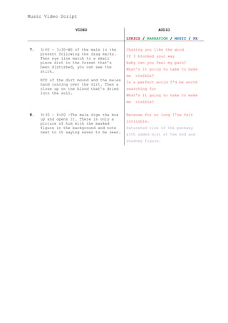 Music Video Script
VIDEO

AUDIO
LYRICS / NARRATION / MUSIC / FX

7.

3:00 – 3:30–WS of the male in the
present following the drag marks.
Then eye line match to a small
piece dirt in the forest that’s
been disturbed, you can see the
stick.

Chasing you like the wind
If I blocked your way
baby can you feel my pain?
What's it going to take to make
me

ECU of the dirt mound and the males
hand running over the dirt. Then a
close up on the blood that’s dried
into the soil.

In a perfect world I'd be worth
searching for
What's it going to take to make
me

8.

3:30 – 4:00 –The male digs the box
up and opens it. There is only a
picture of him with the masked
figure in the background and note
next to it saying never to be seen.

visible?

visible?

Because for so long I've felt
invisible.
Saturated view of the pathway
with added mist at the end and
shadowy figure.

 
