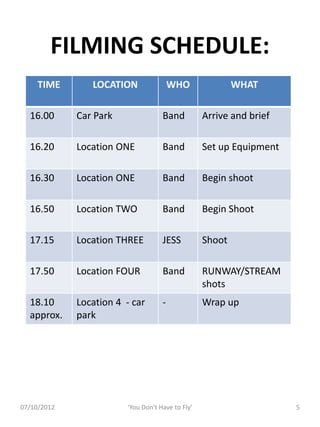 FILMING SCHEDULE:
     TIME       LOCATION                WHO               WHAT

  16.00      Car Park               Band...