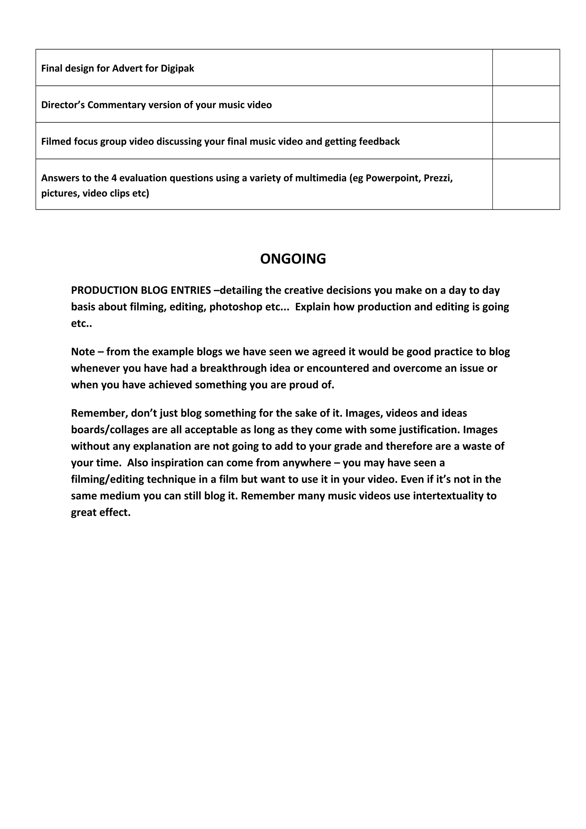 Final design for Advert for Digipak 
Director’s Commentary version of your music video 
Filmed focus group video discussing your final music video and getting feedback 
Answers to the 4 evaluation questions using a variety of multimedia (eg Powerpoint, Prezzi, 
pictures, video clips etc) 
ONGOING 
PRODUCTION BLOG ENTRIES –detailing the creative decisions you make on a day to day 
basis about filming, editing, photoshop etc... Explain how production and editing is going 
etc.. 
Note – from the example blogs we have seen we agreed it would be good practice to blog 
whenever you have had a breakthrough idea or encountered and overcome an issue or 
when you have achieved something you are proud of. 
Remember, don’t just blog something for the sake of it. Images, videos and ideas 
boards/collages are all acceptable as long as they come with some justification. Images 
without any explanation are not going to add to your grade and therefore are a waste of 
your time. Also inspiration can come from anywhere – you may have seen a 
filming/editing technique in a film but want to use it in your video. Even if it’s not in the 
same medium you can still blog it. Remember many music videos use intertextuality to 
great effect. 
