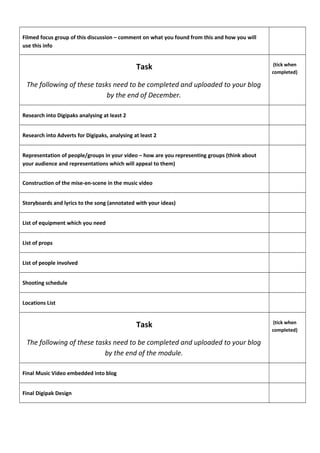 Filmed focus group of this discussion – comment on what you found from this and how you will 
use this info 
Task 
The following of these tasks need to be completed and uploaded to your blog 
by the end of December. 
(tick when 
completed) 
Research into Digipaks analysing at least 2 
Research into Adverts for Digipaks, analysing at least 2 
Representation of people/groups in your video – how are you representing groups (think about 
your audience and representations which will appeal to them) 
Construction of the mise-en-scene in the music video 
Storyboards and lyrics to the song (annotated with your ideas) 
List of equipment which you need 
List of props 
List of people involved 
Shooting schedule 
Locations List 
Task 
The following of these tasks need to be completed and uploaded to your blog 
by the end of the module. 
(tick when 
completed) 
Final Music Video embedded into blog 
Final Digipak Design 
 